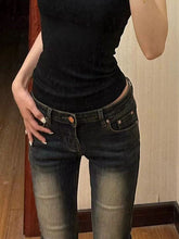 Dunkelblaue Schlaghose mit Vintage-Waschungseffekt und niedriger Taille